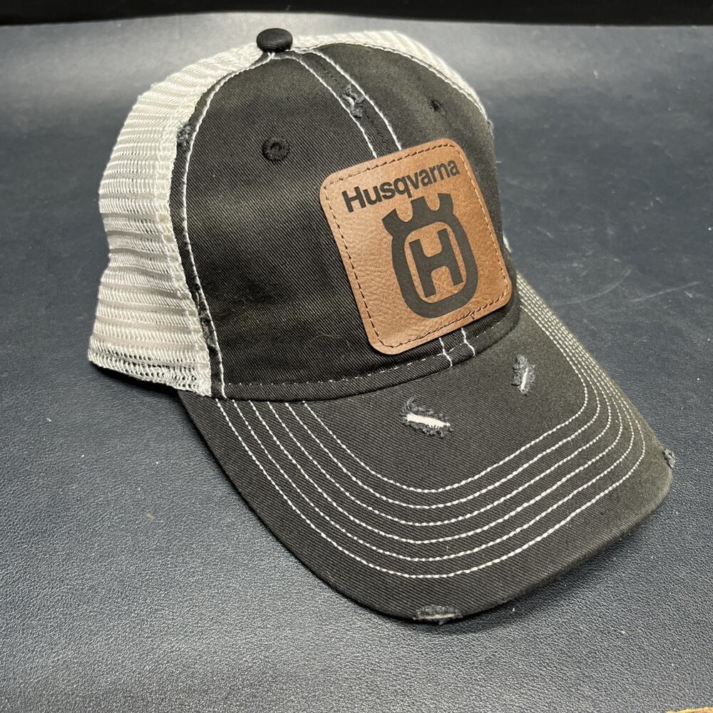 Husqvarna Trucker Hat Distressed Black Cap Patch Logo Strapback Mesh Back